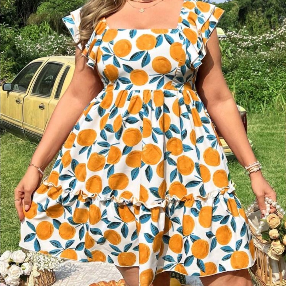 SHEIN Orange and Green Patterned Mini Dress